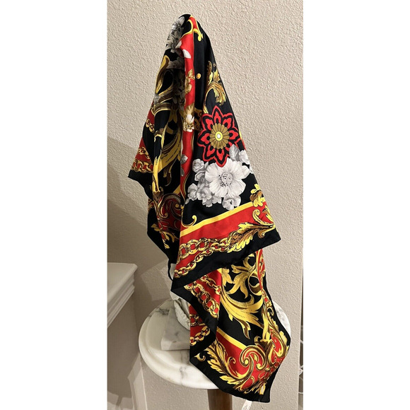 Challis Berkshire Large Scarf Shawl Black Red Yellow Multi Color Floral Scroll - Picture 6 of 8